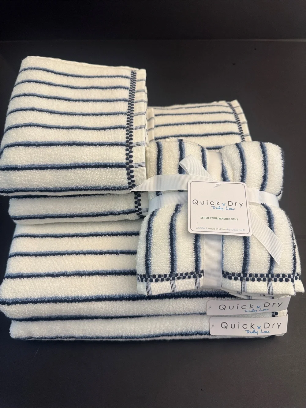 TRULY LOU Quick Dry Striped 8pc Zero Twist Cotton Bath Towel Set - Navy/White